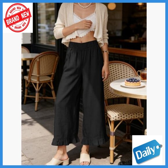 High Waist Wide Leg Pants Ruffle Hem Casual Cropped Trousers Lightweight Lounge - Picture 2 of 5